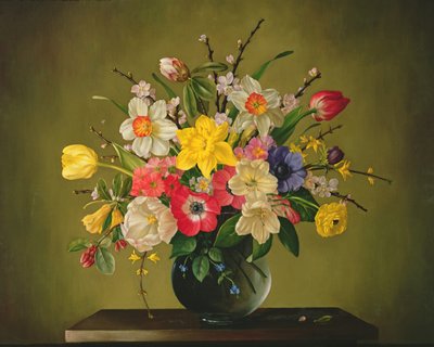 Narcissen, anemonen, tulpen, forsythia, rododendron en appelbloesem in een glazen vaas door James Noble